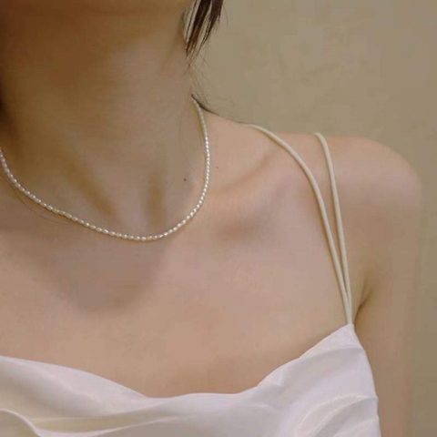 [Thiết Kế] Vòng Cổ HimHip Tinh Thể Ngọc Trai 3-4Li Dáng Hạt Gạo Thanh Lịch 34-36cm