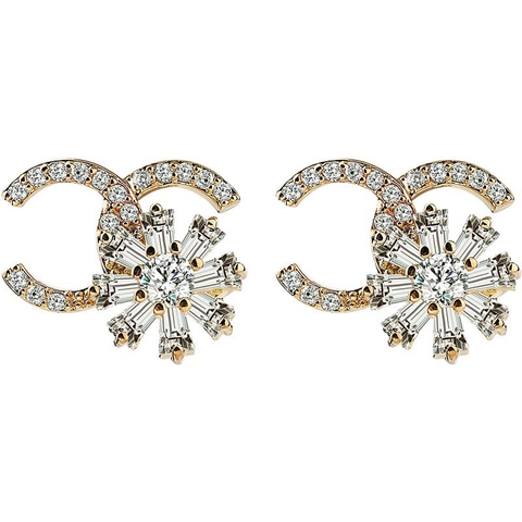Khuyên Tai Nụ HimHip Mặt Chữ C Charm Hoa Vàng Sang Trọng HKCC Đính Phale 1.5cm