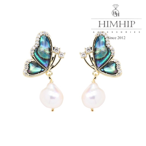 Khuyên Tai Ngắn HimHip Bướm Vân Xanh Sang Trọng HKCC Mix Ngọc Trai Dị 2.8x1cm Phụ Kiện Áo Dài