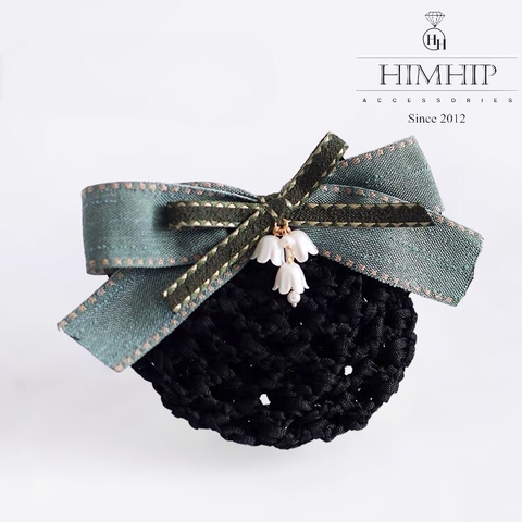 Kẹp Bối, Búi Lưới HimHip Mix Hạt Giả Trai Nơ Xanh Đính Hoa Chuông Thanh Lịch 13cm