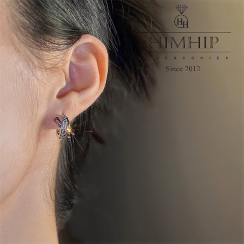 Khuyên Tai Nụ HimHip Chữ X Cá Tính HKCC Đính Đá Phale Tím 1x1.5cm