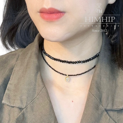 Set Choker HimHip Dây Phale Đen 2ly Phối Mặt Phale Trắng Mix Dây Trơn Thanh Lịch