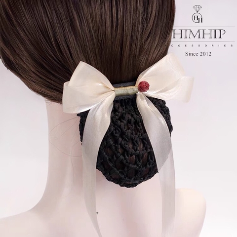 Kẹp Bối, Búi Lưới HimHip Phối Vải Voan Nơ Trắng Dây Dài Charm Hoa Hồng Thanh Lịch 13.5cm