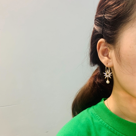 Khuyên Tai Ngắn HimHip Ngôi Sao Đôi Thanh Lịch HKCC Đính Phale, Ngọc Trai 2*3.5cm