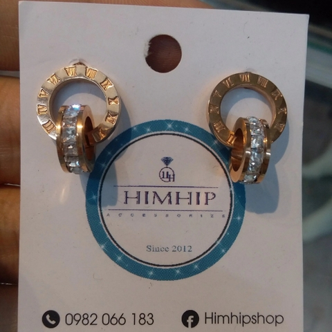 Khuyên Tai Ngắn HimHip Đồng Hồ Kim Tròn Sang Trọng HKCC Đính Phale 1.2x1.8cm