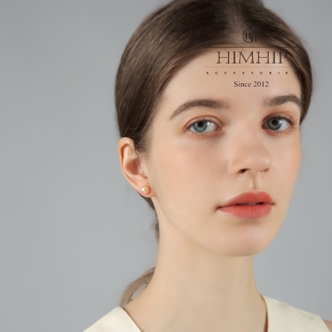 Khuyên Tai Nụ HimHip Ngọc Trai Hồng Thanh Lịch HKCC Mix Ngọc Trai Thật 8 Ly Phụ Kiện Áo Dài