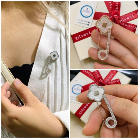 Trâm, Ghim Cài Kim Băng HimHip Hoa 4 Lá Khảm Trai May Mắn HKCC Đính Phale 4cm