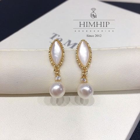 Khuyên Tai Ngắn HimHip HKCC Hạt Trai Thật Phối Đá Thoi Thanh Lịch 2.7*0.7cm