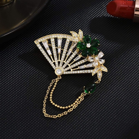 Trâm, Ghim Cài Áo HimHip Chiếc Quạt Gắn Hoa Xanh Sang Trọng HKCC Đính Phale 3,5*5cm