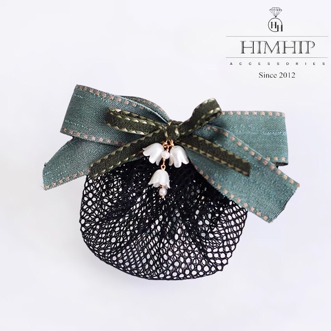 Kẹp Bối, Búi Lưới HimHip Mix Hạt Giả Trai Nơ Xanh Đính Hoa Chuông Thanh Lịch 13cm