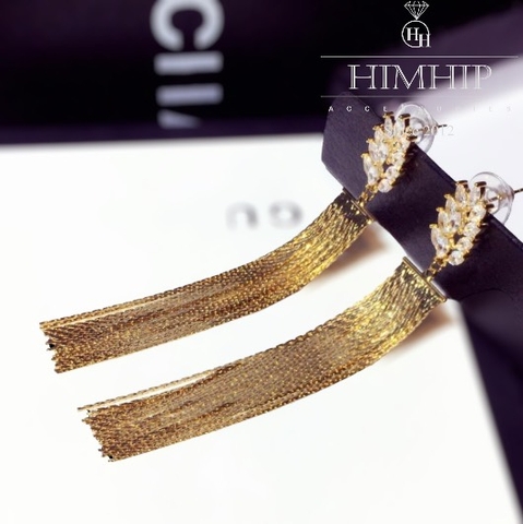Khuyên Tai Dài HimHip Mặt Lá Phối Tua Rua Sang Trọng HKCC Đính Phale 1.2x9cm