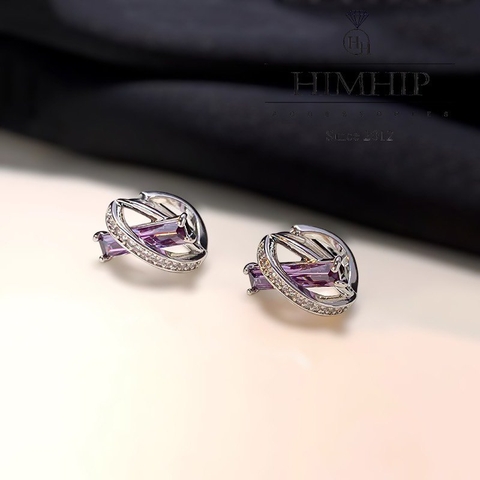 Khuyên Tai Nụ HimHip Chữ X Cá Tính HKCC Đính Đá Phale Tím 1x1.5cm