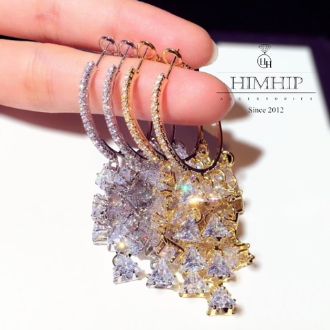 Khuyên Tai Móc Tròn HimHip Chùm Đá Tam Giác Lấp Lánh HKCC Đính Phale 2.5x5.7cm