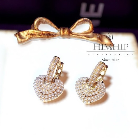 Khuyên Tai Ngắn HimHip Trái Tim Đáng Yêu HKCC Mix Ngọc Trai Nhỏ 1.7x2.5cm