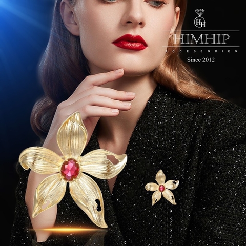 Trâm, Ghim Cài Áo HimHip Hoa Lan Nhụy Đỏ Sang Trọng HKCC Đính Phale 5*5,5cm
