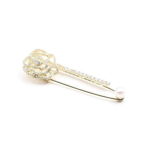 Trâm, Ghim Cài Kim Băng HimHip Hoa Hồng Vàng Xoắn Sang Trọng HKCC Đính Phale 5.5cm