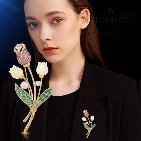 Trâm, Ghim Cài Áo HimHip Cành Hoa Tulip Thanh Lịch HKCC Đính Phale 2,5*5,8cm