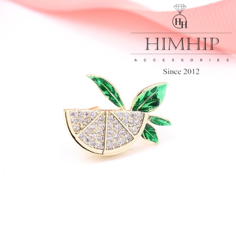 Trâm, Ghim Cài Áo Nhỏ HimHip Quả Chanh Lá Xanh Sang Trọng HKCC Đính Phale 1*1,5cm