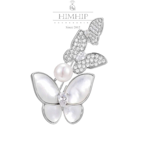 Trâm, Ghim Cài Áo HimHip Đôi Bướm Khảm Trai Sang Trọng HKCC Mix Trai Thật 2*4,5cm