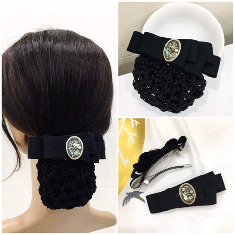Kẹp Bối, Búi Lưới HimHip Đính 2 Hạt Giả Trai Nơ Nhung Thanh Lịch 14cm