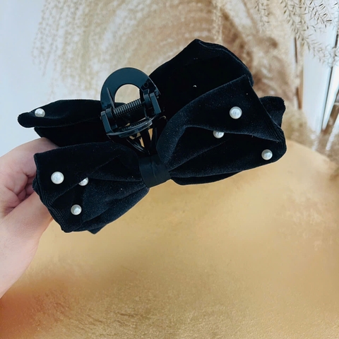 Kẹp Càng Cua HimHip Đính Hạt Giả Trai Nơ Đen Thanh Lịch 18 Răng 14x10cm