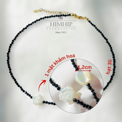 Choker HimHip Phale Đen 3ly Phối Mặt Hoa Hồng Khảm Trai Sang Trọng 32+7cm HPBD