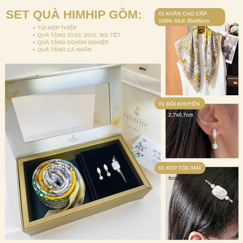 Set Quà HimHip Khăn Lụa Cao Cấp 65x65cm & Kẹp Mái, Khuyên Tai Kèm Túi Hộp Thiệp - 1370