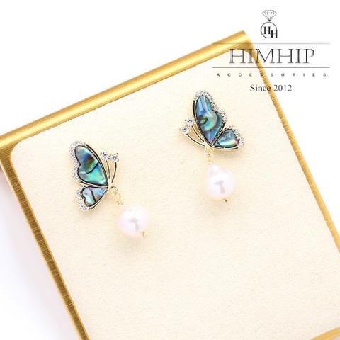 Khuyên Tai Ngắn HimHip Bướm Vân Xanh Sang Trọng HKCC Mix Ngọc Trai Dị 2.8x1cm Phụ Kiện Áo Dài