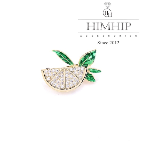 Trâm, Ghim Cài Áo Nhỏ HimHip Quả Chanh Lá Xanh Sang Trọng HKCC Đính Phale 1*1,5cm