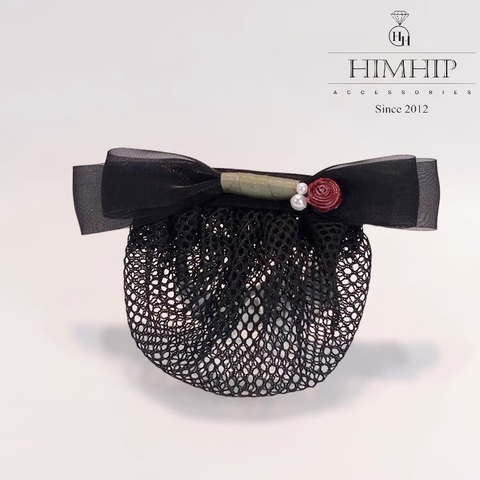 Kẹp Bối, Búi Lưới HimHip Đính Hạt Giả Trai Nơ Đen Charm Hoa Hồng Thanh Lịch 12cm