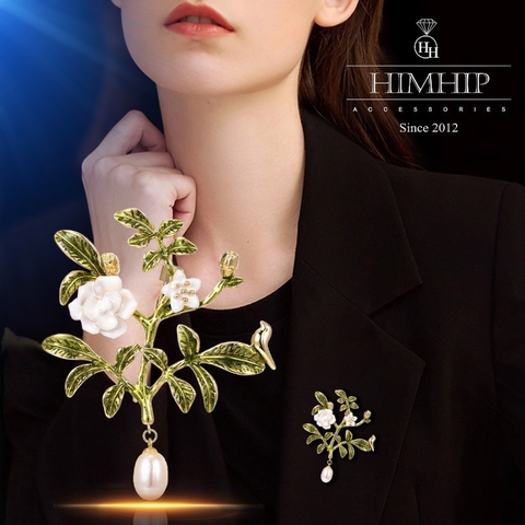 Trâm, Ghim Cài Áo HimHip Cành Hoa Ngọc Anh Thanh Lịch HKCC Mix Ngọc Trai Thả 4,7*5,7cm