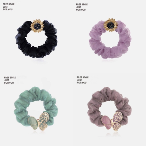 Scrunchies HimHip Phối Vải Voan Mặt Hướng Dương - Bướm Thanh Lịch 3cm