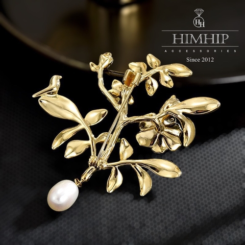Trâm, Ghim Cài Áo HimHip Cành Hoa Ngọc Anh Thanh Lịch HKCC Mix Ngọc Trai Thả 4,7*5,7cm