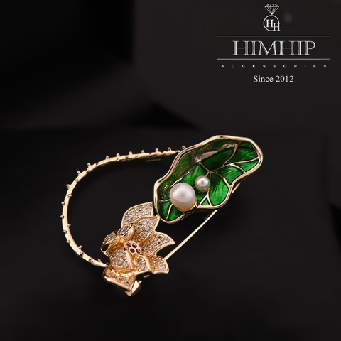 Trâm, Ghim Cài Áo HimHip Hoa Sen Mix Lá Sen Dịu Dàng HKCC Đính Phale 3*4cm
