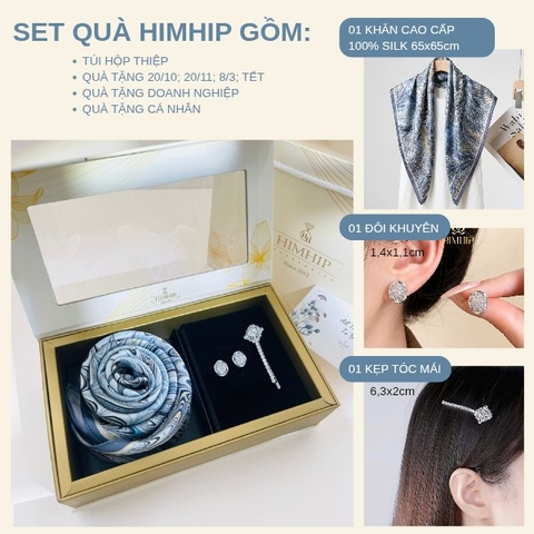 Set Quà HimHip Khăn Lụa Cao Cấp 65x65cm & Kẹp Mái, Khuyên Tai Kèm Túi Hộp Thiệp - 1372