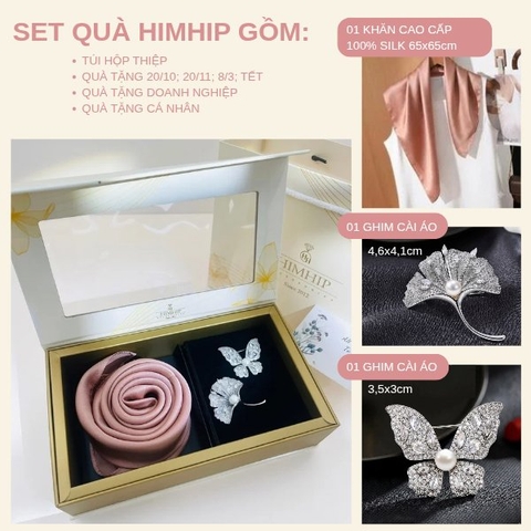 Set Quà HimHip Khăn Lụa Cao Cấp 65x65cm & Cài Áo Kèm Túi Hộp Thiệp - 1362