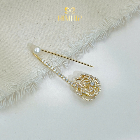 Trâm, Ghim Cài Kim Băng HimHip Hoa Hồng Vàng Xoắn Sang Trọng HKCC Đính Phale 5.5cm