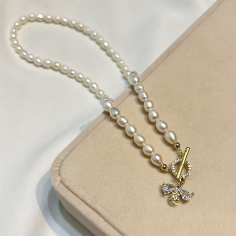 [Thiết Kế] Vòng Cổ HimHip Trai Thật 7li Dáng Hạt Gạo Khóa Ong Vàng Đáng Yêu 41+0cm