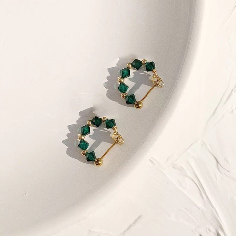 Khuyên Tai Ngắn HimHip Vòng Tròn Xanh Lá Thanh Lịch HKCC Đính Đá 0.4x1.5cm