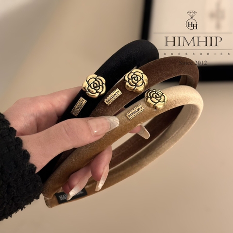 Bờm HimHip Phối Vải Nhung Charm Hoa Hồng Sang Trọng 1.8cm