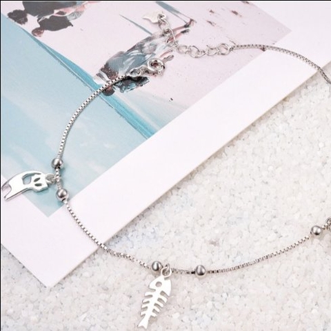 Lắc chân bạc 925 chú mèo & xương cá đáng yêu 20+5cm
