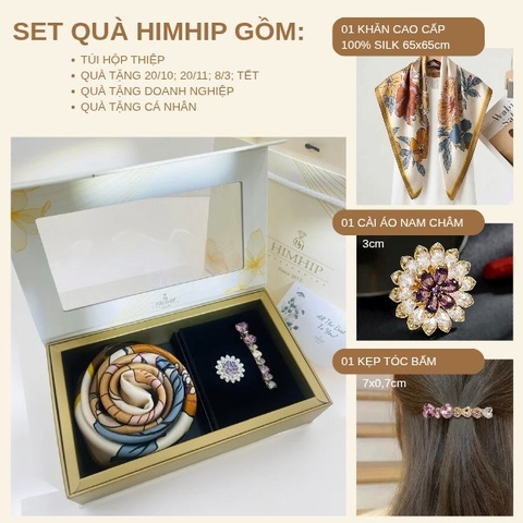 Set Quà HimHip Khăn Lụa Cao Cấp 65x65cm & Cài Áo, Kẹp Bấm Kèm Túi Hộp Thiệp - 1375
