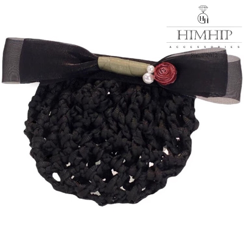 Kẹp Bối, Búi Lưới HimHip Đính Hạt Giả Trai Nơ Đen Charm Hoa Hồng Thanh Lịch 12cm