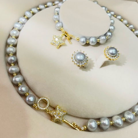 [Thiết Kế] Set Trang Sức HimHip Ngọc Trai Thật Vòng Cổ, Vòng Tay, Khuyên Tai Mix Mặt Ngôi Sao Sang Trọng Kèm Hộp Nhung