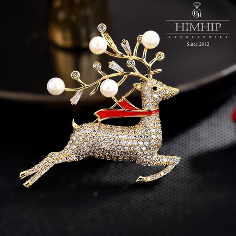 Trâm, Ghim Cài Áo HimHip Tuần Lộc Sừng Trai Sang Trọng HKCC Đính Phale 3,8*4,5cm