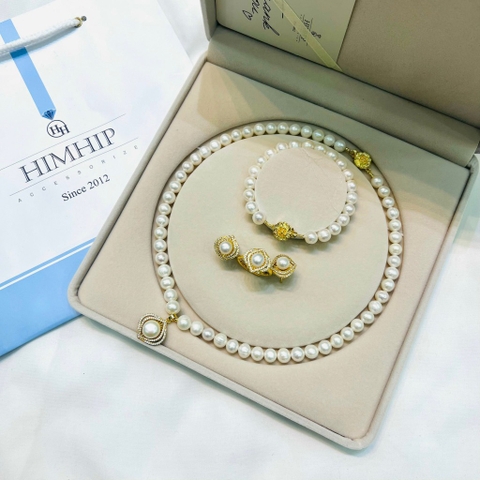 [Thiết Kế] Set Trang Sức HimHip Vòng Cổ 44cm, Vòng Tay 19cm, Khuyên Tai, Nhẫn Kèm Hộp Nhung