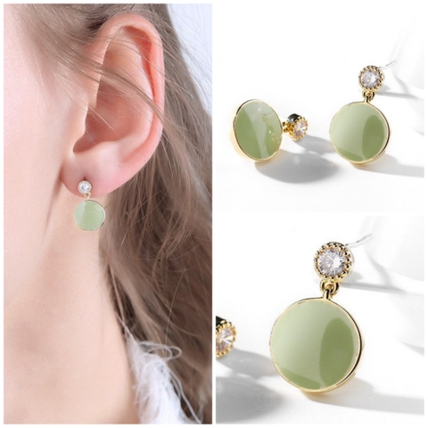 Khuyên Tai Ngắn HimHip Mặt Ngọc Trà Xanh Thanh Lịch HKCC Đính Phale 1x1.7cm