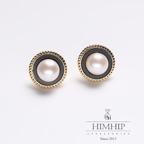 Khuyên Tai Nụ HimHip Nụ Trai Viền Đen Vàng Sang Trọng HKCC Mix Trai Thật 1.5cm Phụ Kiện Áo Dài