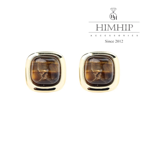 Khuyên Tai Nụ HimHip Mặt Đá Nâu Viền Vàng Sang Trọng HKCC Đính Đá 1.5x1.5cm