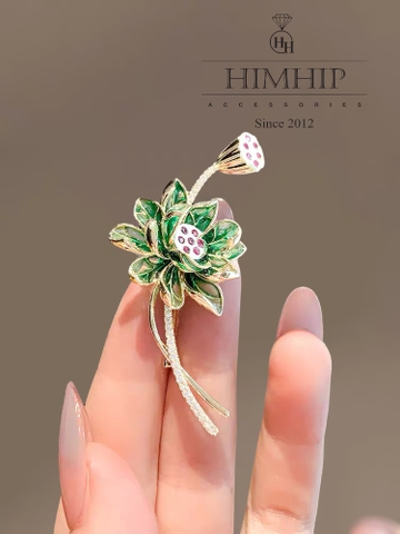 Trâm, Ghim Cài Áo HimHip Hoa Sen Xanh Sang Trọng HKCC Đính Phale 5*5cm